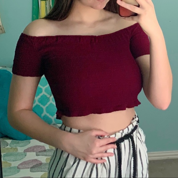 Papaya Off the Shoulder Maroon Crop Top - Picture 4 of 5